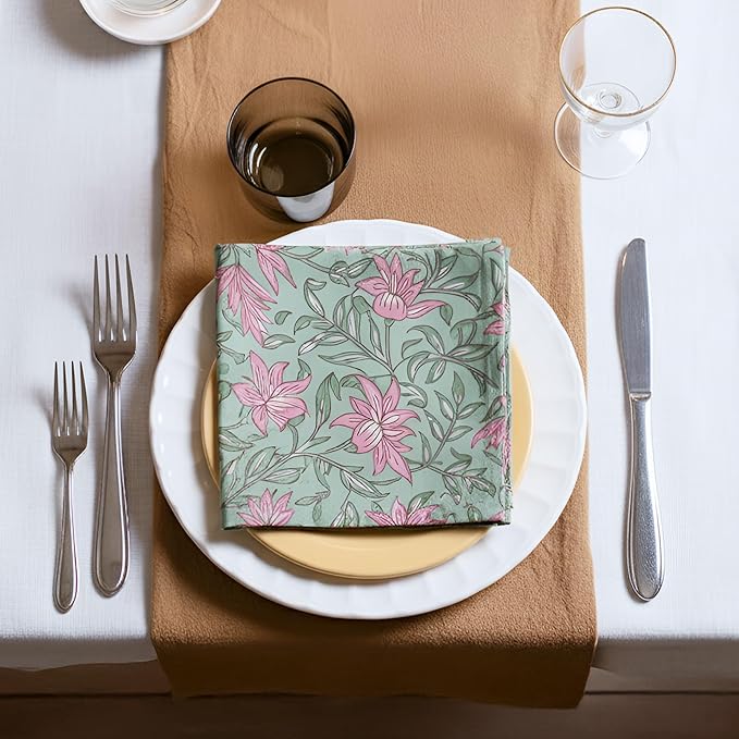 Floral Cloth Napkins Set of 12, 100% Cotton Reusable Dinner Napkins, Block Print Inspired, 18 x 18 Inch Table & Kitchen Napkins for Everyday Dining & Entertaining, Soft Green Floral