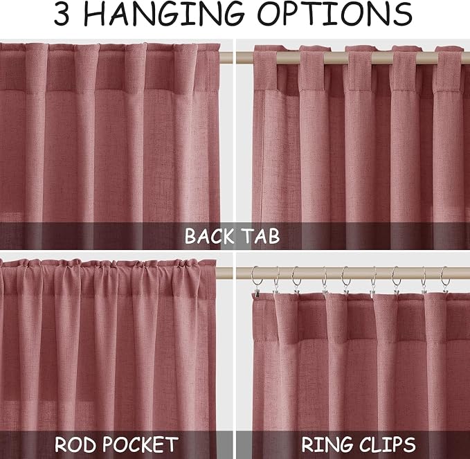 Canyon Rose Linen Curtains 80 Inch Length for Living Room Light Filtering Semi Sheer Curtain Back Tab Modern Farmhouse Decor Elegant Luxury Boho Girl Drapes for Bedroom Dinner Room 52x80, 2 Panels