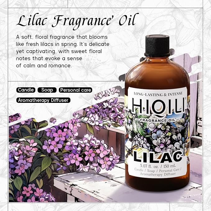 HIQILI Lilac Fragrance Oil for Women Perfume Making - 5.07 Fl Oz | DIY Candle & Soap, Long-Lasting, Soft Floral Scents for Essential Oils Diffuser, Pet Safe, Graduated Dropper Included