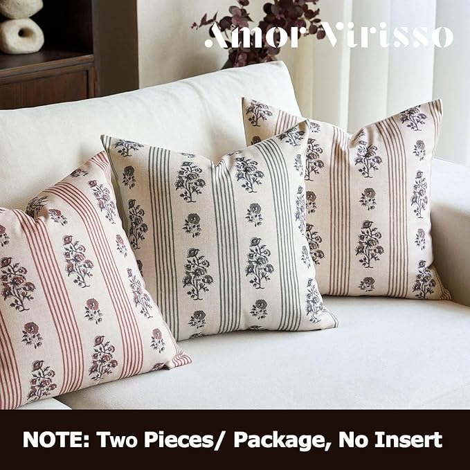 Amor Virisso Floral Throw Pillow Covers 24x24 Set of 2 Block Print Pillow Covers Neutral Floral Striped Farmhouse Decorative Pillow Covers for Sofa Couch Bed, Dusty Green