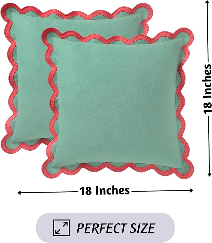 Folkulture Throw Pillow Covers | (18 x 18) Set of 2 Lumbar Pillow Decorative | Green Scalloped Accent Pillows| Couch Pillow for Living Room| Throw Pillows for Couch - Mistletoe