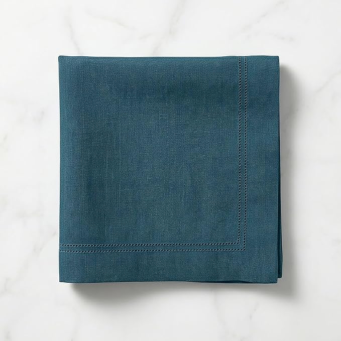 Solino Home Linen Cloth Napkins Set of 4-100% Pure Linen Peacock Blue Dinner Napkins 20 x 20 Inch - Maison Washed Hemstitch, Handcrafted and Machine Washable - Summer