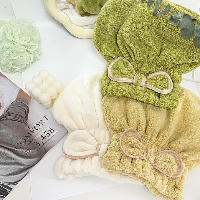 Jseng 3Packs Microfiber Hair Towel for Women - Quick-Drying, Super Absorbent Hair Wrap with Bow Design, Soft Hair Towel Turban for Curly Long Wet Hair