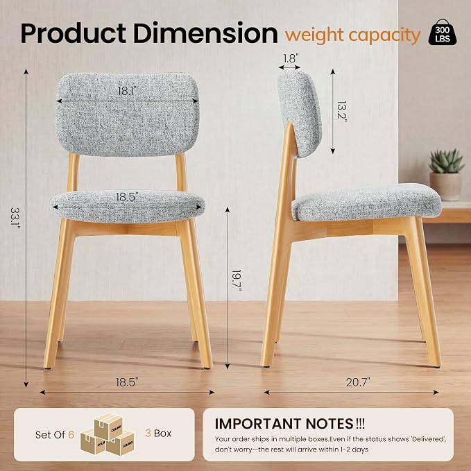 COLAMY Dining Chairs Set of 6, Modern Upholstered Kitchen Room Chairs with Solid Natural Oak Wood Legs, 5-Min Easy Assembly Anti-Wobble, High-Weight Fabric Farmhouse Side Chair, 300lbs,Oak,LightGrey