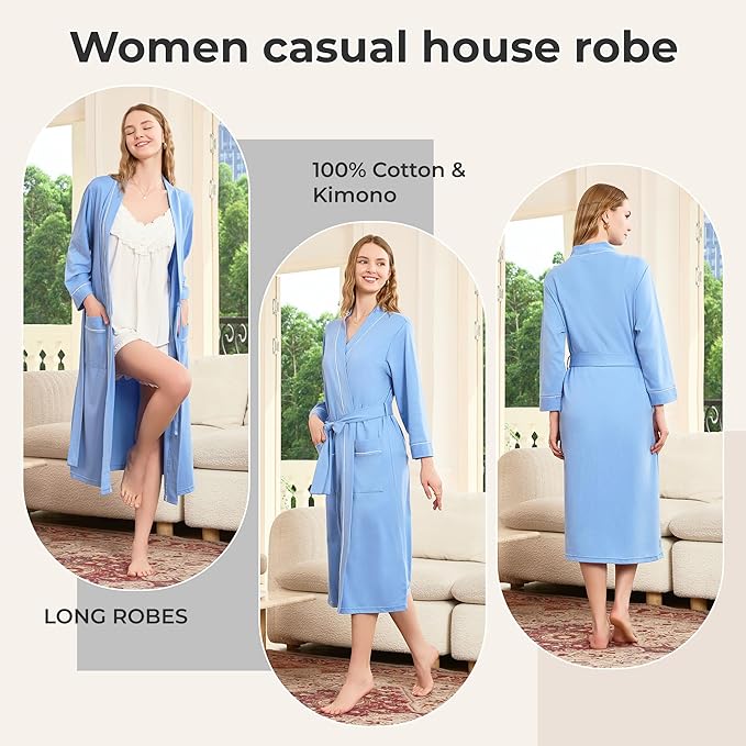 HEARTNICE Womens 100% Cotton Robe, Soft Kimono Spa Long Bathrobe Lightweight Loungewear