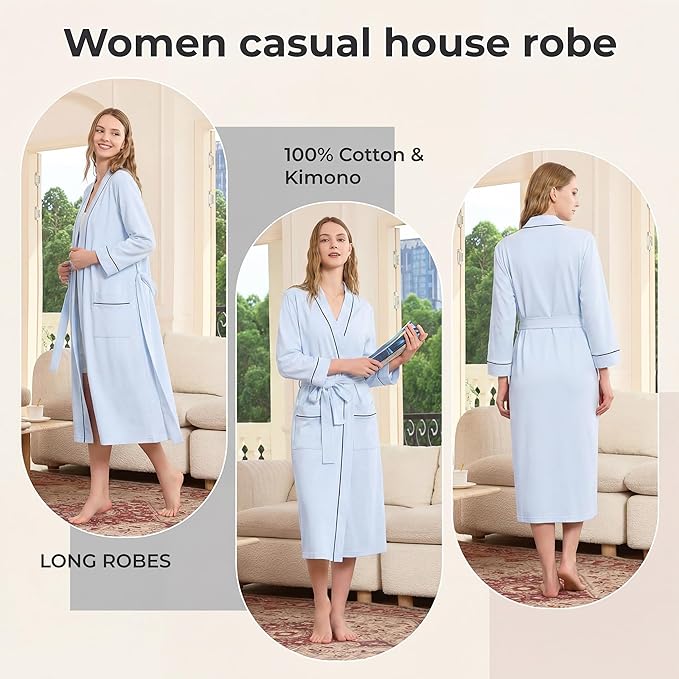 HEARTNICE Womens 100% Cotton Robe, Soft Kimono Spa Long Bathrobe Lightweight Loungewear
