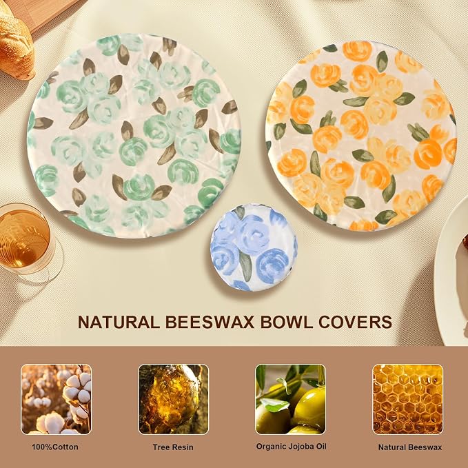 Reusable Bowl Covers for Bread Proofing - Beeswax Bowl Covers Reusable 3 Set, Cotton Blend Stretch Design, Fits 4-13 Inch Bowls, Shower Caps for Sourdough Bread, Dough Proofing & Food Storage（Roses）