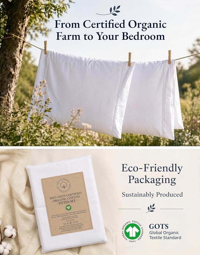 LANE LINEN Twin Fitted Sheets, 100% Organic Cotton 2-Piece Set (1 Fitted Sheet, 1 Pillowcase), Percale Weave, Bottom Sheet, Soft, Breathable, Fits Mattress Upto 15' Deep - White (No Flat Sheet)