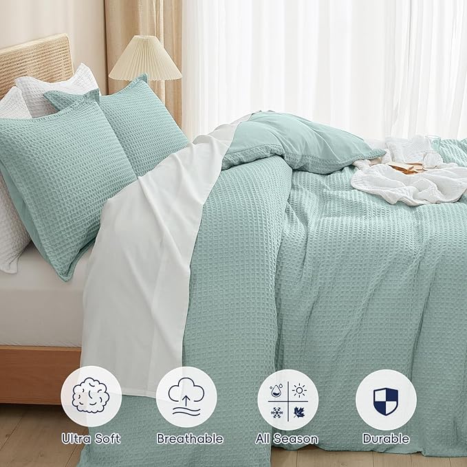 PHF Waffle Weave Duvet Cover Set King Size, No Snagging Ultra Soft Luxury Textured Breathable Comforter Cover for All Season 3pcs, Durable Bedding Duvet Set with 2 Pillow Shams, 104"x90", Aqua