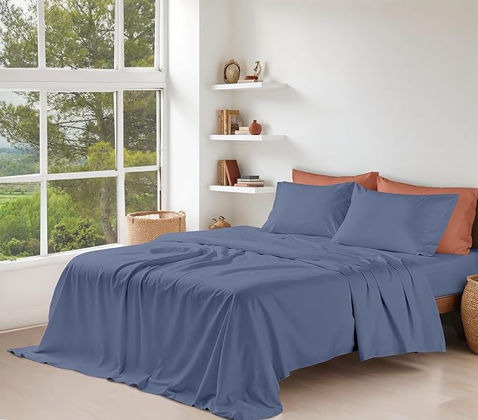 RUVANTI 100% Cotton Organic Percale Sheets Cal King Size – Crisp Cooling Bed Sheets for Hot Sleepers, Deep Pocket 13”, Soft Peach Finish, Breathable & Durable Hotel-Style 4 Pcs, Wild Wind