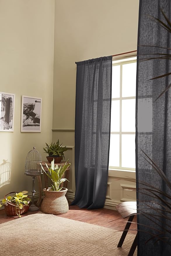 Solino Home European Flax Linen Sheer Curtain 144 Inches Long, 100% Pure Linen Charcoal 52 x 144 Inch Long Light Filtering Rod Pocket Window Curtains Panel for Living Room, Bedroom - 1 Panel