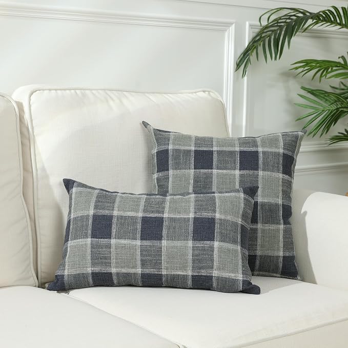 Stellhome Pack of 2 Linen Buffalo Check Throw Pillow Covers, Farmhouse Plaid Decorative Cushion Covers for Couch Sofa Living Room, 22x22 Inch, Dark Grey
