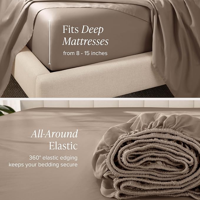 Bare Home 100% Organic Cotton Queen Sheet Set - 400 Thread Count - Smooth Sateen Weave - Breathable & Cooling - Hotel Luxury Set - Deep Pocket Bed Sheets (Queen, Taupe)