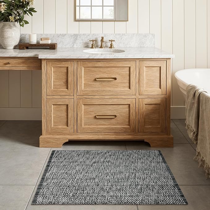 LEEVAN Washable Bathroom Rug, 2'x3' Black Woven Entryway Rug Front Door Mat Cotton Small Kitchen Rugs, Modern Reversible Laundry Room Farmhouse Carpet for Foyer Front Porch Decor