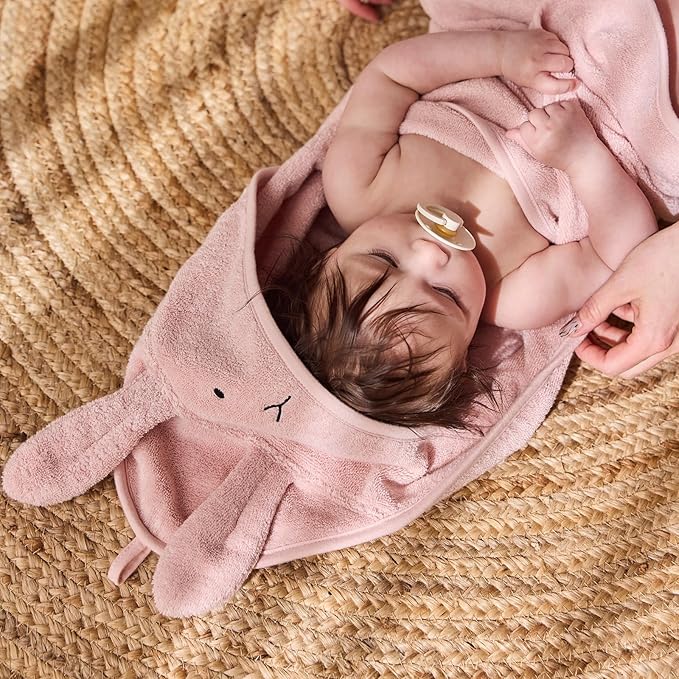 Hooded Baby Towels – 100% Organic Cotton Baby Bath Towels – Baby Girl Newborn Essentials - Super-Soft and Absorbent. (2-Pack Rabbit Blush and Bear Fog)