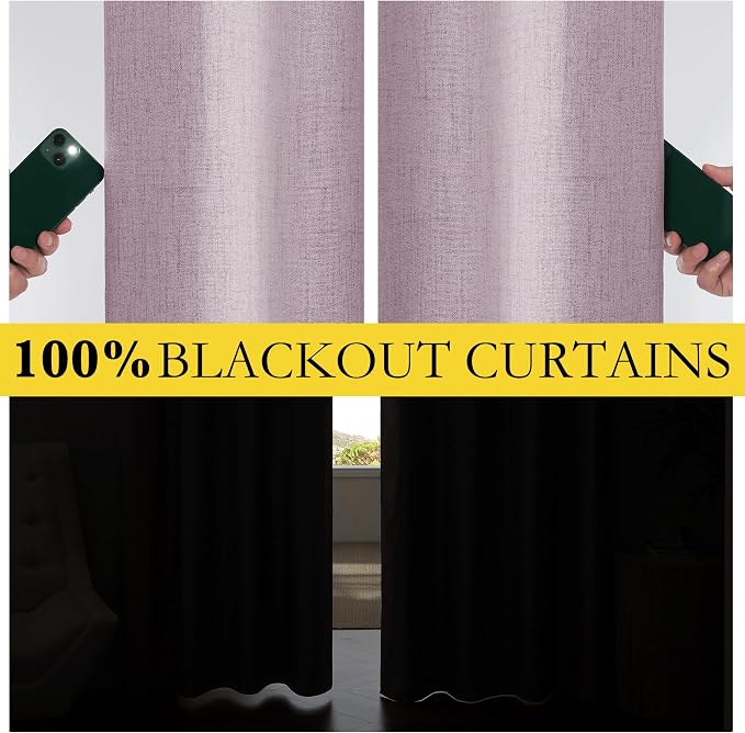 NICETOWN 100% Blackout Curtains for Living Room, 52" Wide Per Panel, Set of 2, Muted Lavender Linen Blend Thermal Insulated Curtains 90" Long, Noise Reducing Window Treatment Drapes for Hall Room