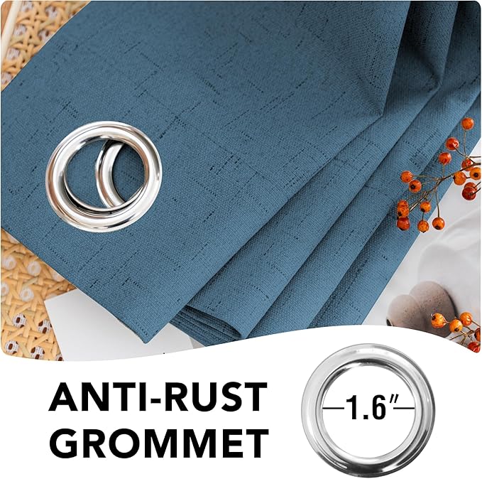 H.VERSAILTEX Linen Curtains 100% Blackout Curtains for Bedroom 102 inch Long Full Light Blocking Nature Linen Blended Window Curtains for Living Room Nickel Grommet (2 Panels, Blue Sapphire)