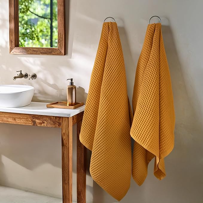 PÜSKÜL Pack of 2 Waffle Bath & Spa Towels - Premium 100% Turkish Organic Cotton - Quick Dry Thin Bath Towel for Bathroom - Made in Turkey (Mustrad Yellow, 32x63 inch)