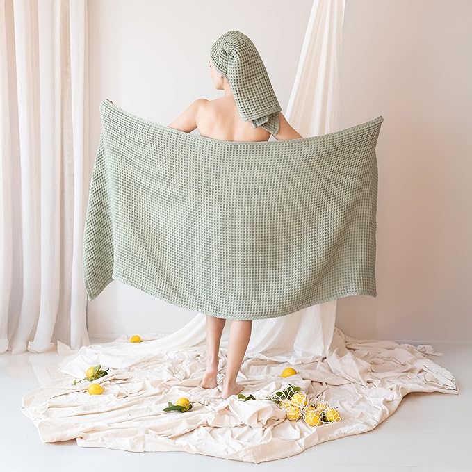 4-Piece Waffle Towels Set for Bathroom - Soft 100% Turkish Cotton Quick-Dry Lint-Free Waffle Weave Thin Bath and Hand Towels (Sage, 2 Bath & 2 Hand Towel Set)