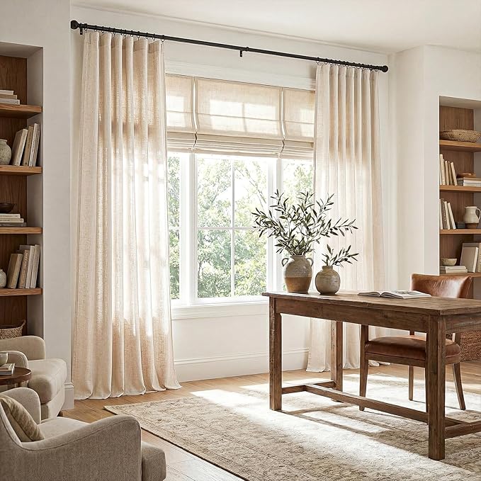 jinchan Beige Linen Blend Curtains 96 Inches Length 2 Panels Floor to Ceiling Curtains for Bedroom Living Room, Semi Sheer 50 Inches Wide Natural Farmhouse Drapes Rod Pocket Back Tab (50W x 96L, Ecru)