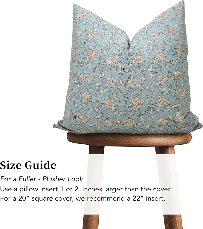 Hand-Block Printed, Artisan-Made Neutral Accent Throw Pillow Covers- 100% Cotton Cushion for Sofa, Bed, Chair, Home Decor, Boho, Indoor - Sansa (Light Blue, 20" x 20" (Pack of 2))
