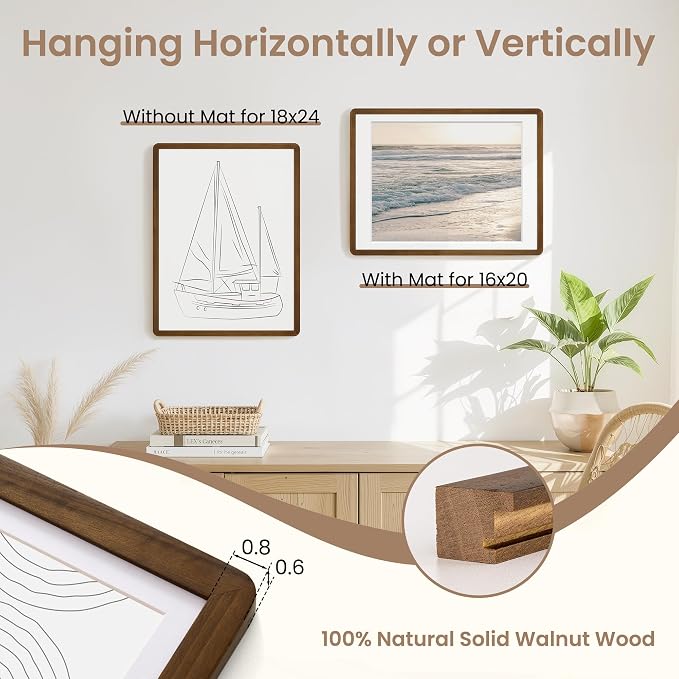 Fun Memories 18x24 Poster Frame - Solid Walnut Wood Frame, 18x24 Picture Frame with Mat for 16x20, Wood Frame with Tempered Glass, 24x18 Large Poster Frame for Gallery Wall Display, Natural Walnut