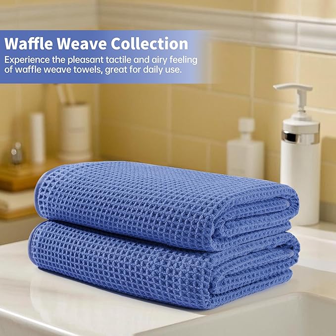 MICROFI New Microfiber Waffle Bath Towels, 2 Pieces, Soft, Absorbent, Fast Drying, Lint Free 430 GSM (Dark Blue)