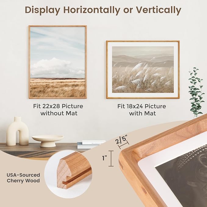 22x28 Poster Frame, USA-Sourced Cherry Wood Picture Frame with HD Tempered Glass, Handcrafted Rounded Corner 22 x 28 Wooden Frames Matted to 18x24 Photos, Horizontal or Vertical Wall Display