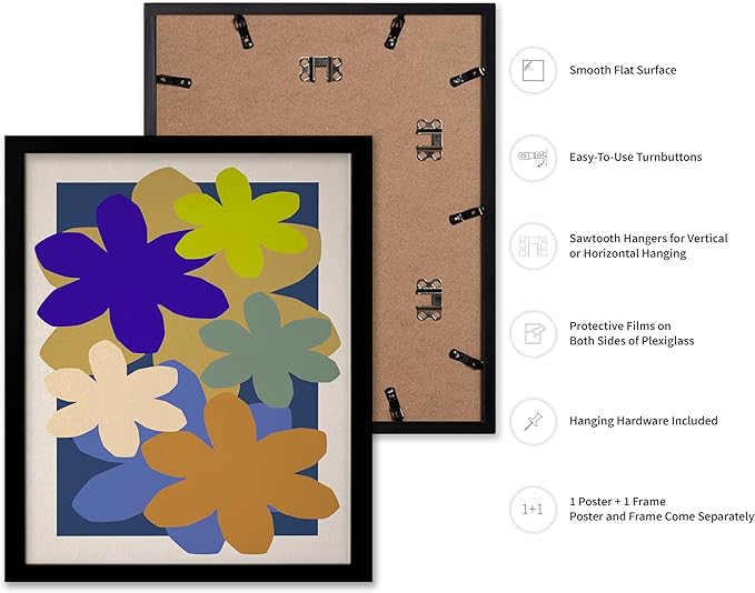 Monem Art Colorful Abstract Floral Shapes Print - Modern Minimalist Flower Art Poster - Wall Decor for Living Room, Bedroom or Office - 8x10 Black Framed Wall Art by Rs Lab Studio