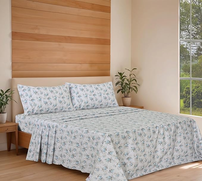RUVANTI 100% Cotton Organic Percale Sheets Full Size – Crisp Cooling Bed Sheets for Hot Sleepers, Deep Pocket 15”, Soft Peach Finish, Breathable & Durable Hotel-Style 4 Pcs, Blue Rose
