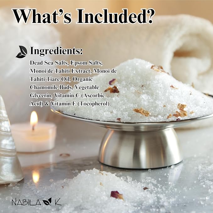 Polynesian Monoi Bath Salts for Women & Men - Dead Sea Salt & Epsom Salt Soak and Scrub - Monoi de Tahiti Oil & Tiare Flower, Cruelty-Free, Sulfate-Free | 8 oz | Nabila K