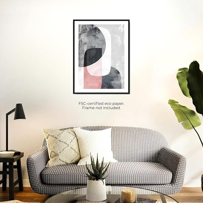 Moonow7 Small Wall Art Prints in Grey, Pink, and White, Minimalist Abstract Poster for Bedroom, Living Room, Kitchen, and Workspace, Soft Neutral Decor, Unframed Size 8x10 / 20x25 cm