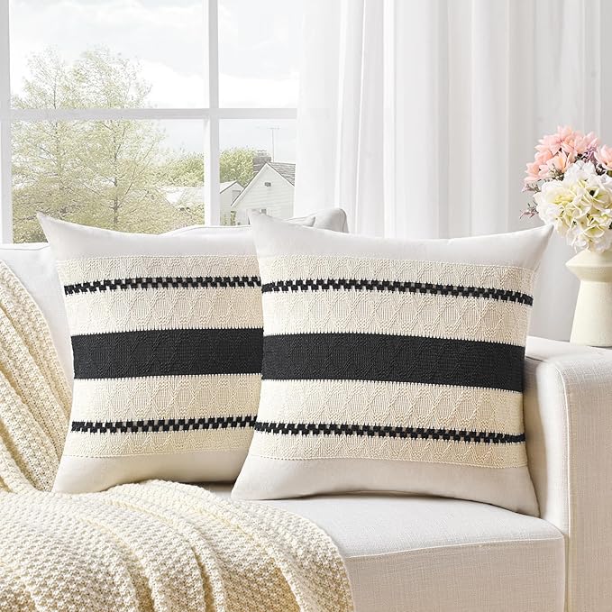Fancy Homi Set of 2 Boho Black Decorative Throw Pillow Cover 18x18 Inch for Couch Bed Sofa, Aesthetic Modern Organic Farmhouse Home Decor, Soft Cotton Cute Accent Macrame Woven Cushion Case