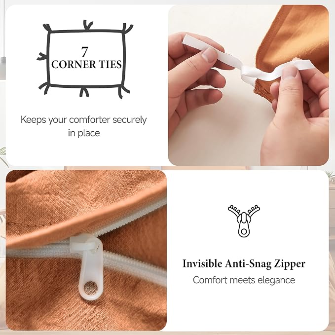 QKTE French Linen Duvet Cover Set, 3 PCS Natural French Flax Rust Duvet Cover King Size, Breathable Soft Comfy Linen Bedding Comforter Cover with 2 Pillowcases(Rust, 104" x 92")