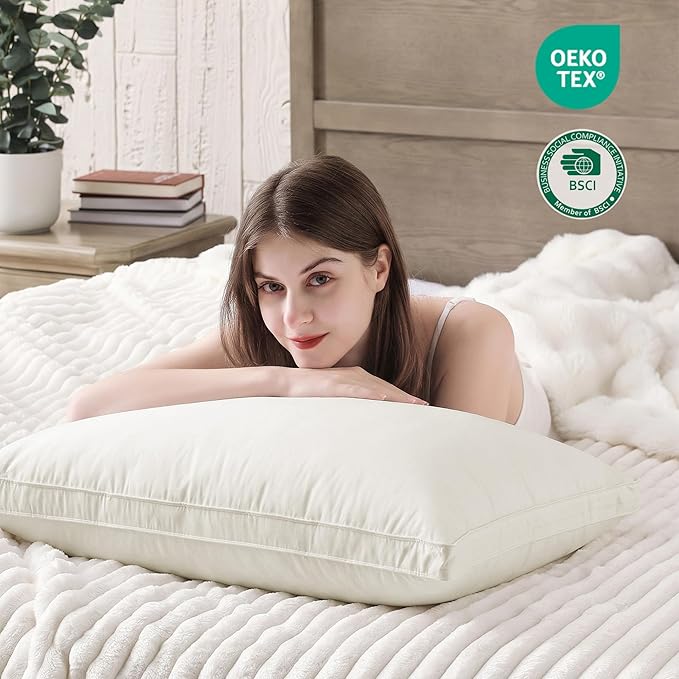 puredown® Gusseted Goose Feather Down Pillows, 100% Organic Cotton Cover, Luxury Hotel Collection Bed Pillows for Sleeping Set of 2, Standard Size