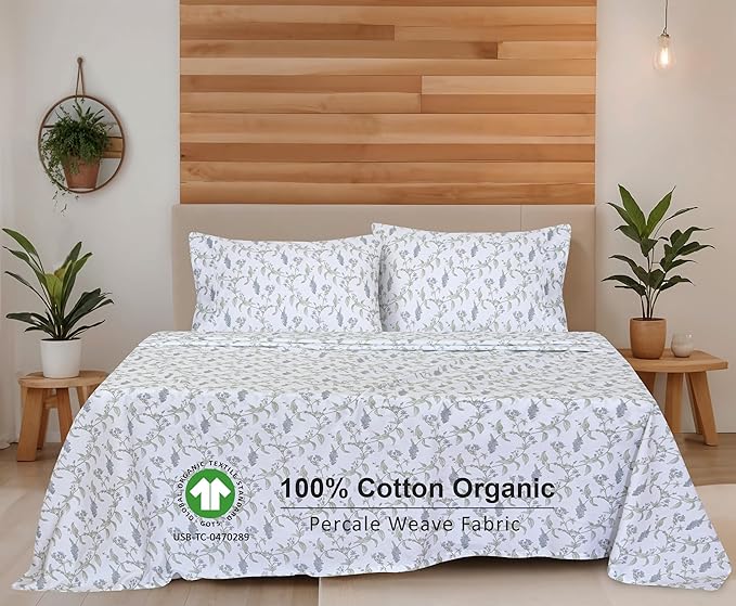 RUVANTI 100% Cotton Organic Percale Sheets Queen Size – Crisp Cooling Bed Sheets for Hot Sleepers, Deep Pocket 15”, Soft Peach Finish, Breathable & Durable Hotel-Style 4 Pcs, Vine Yard