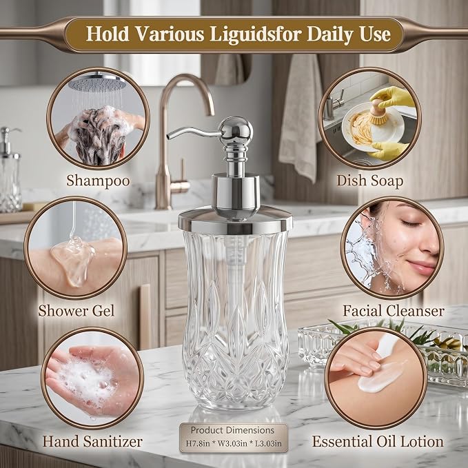 2 Pack 9 Oz Glass Soap Dispenser with Rust Proof Stainless Steel Pump,Clear Round Textured Refillable Hand Soap Dispenser with Vertical Fluting for Lotion,Hand Soap or Body Wash for Kitchen & Bathroom