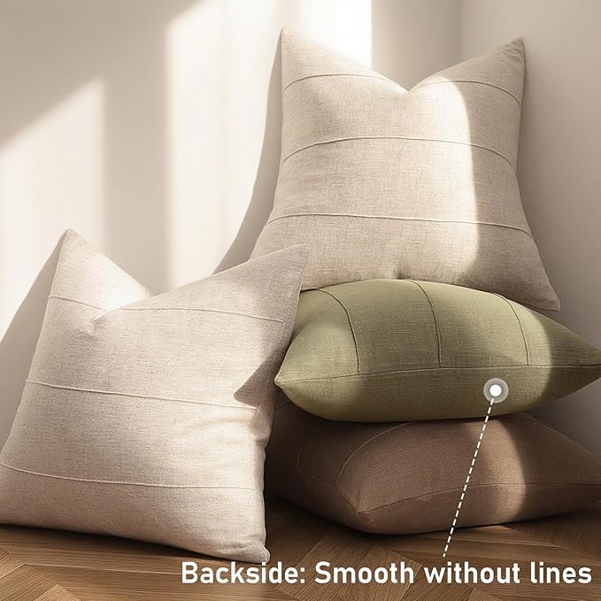 Decorative Linen Throw Pillow Covers 24x24 Set of 2 Solid handcrafted Striped Cushion Covers for Bed Soft Modern Farmhouse Neutral Pillowcase for Couch Bedroom Living Room Home Decor(Natural Beige)