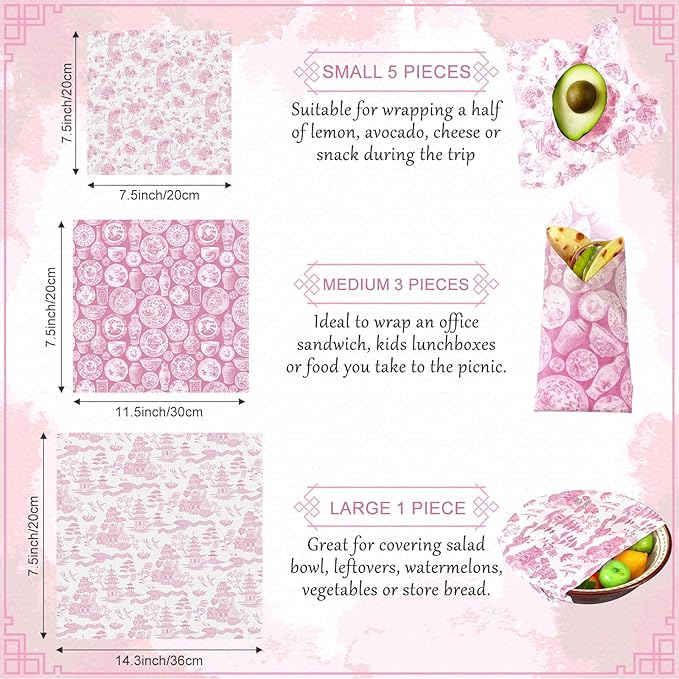 Tigeen 9 Pack Reusable Beeswax Wrap for Food Chinoiserie Beeswax Paper for Sourdough Bread Cheese Paper Wrapping Wax Cloth Food Wraps Bread Sandwich Wrapper 1 XL 3 Medium 5 S(Pink,Chinoiserie)