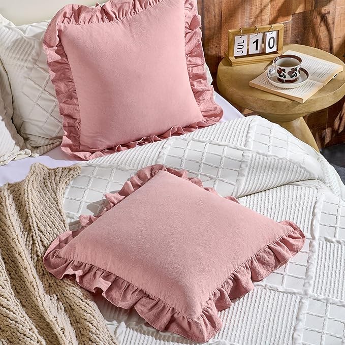 AmHoo Pack of 2 Throw Pillow Covers 100% Cotton Pre Washed Ruffle Decorative Pillowcase Cushion for Couch Sofa Bedroom 18 x 18-Inch Bridal Rose