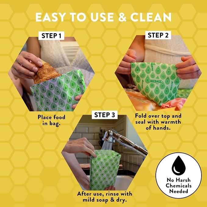 BeeBAGZ - Beeswax Wrap Storage Bag, Reusable Food Storage Bags, Pack of 3, Plastic Free Biodegradable Food Wrap Alternative, Starter Pack, 1 Small + 1 Medium + 1 Large, (Green)