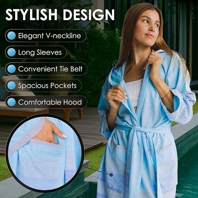 ATANI 100% Turkish Cotton Bathrobe S-XXL for Women & Men – Peshtemal Style Soft Cozy Lounge Robe, Absorbent & Lightweight