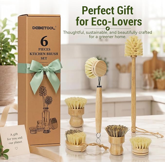 DEBETOOL 6-Piece Bamboo Dish Brush Set - Natural Dish Scrubber with Bottle & Vegetable Brush, Palm & Sisal Bristles, Wooden Dish Brushes for Kitchen Cleaning Pots, Pans, Bottles, Vegetables