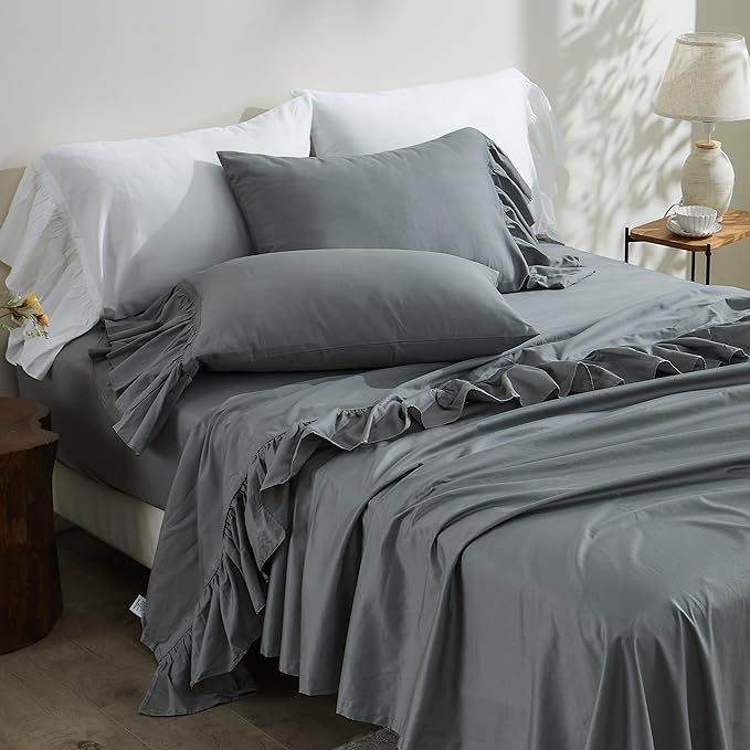 Simple&Opulence 100% Organic Cotton Sheet Set, Long Ruffle Bed Sheets (1 Flat Sheet, 1 Fitted Sheet and 2 Pillowcases) Elegant Shabby Chic Bedding Farmhouse Charming Vintage - Grey, Queen