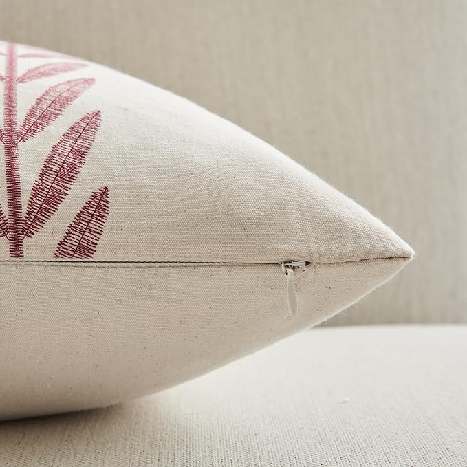 100% Cotton Farmhouse Leaves Throw Pillow Covers Set of 2, 24x24 Inch Burgundy Pastoral Decorative Print Cushion Covers for Sofa Bed Living Room Home Decor