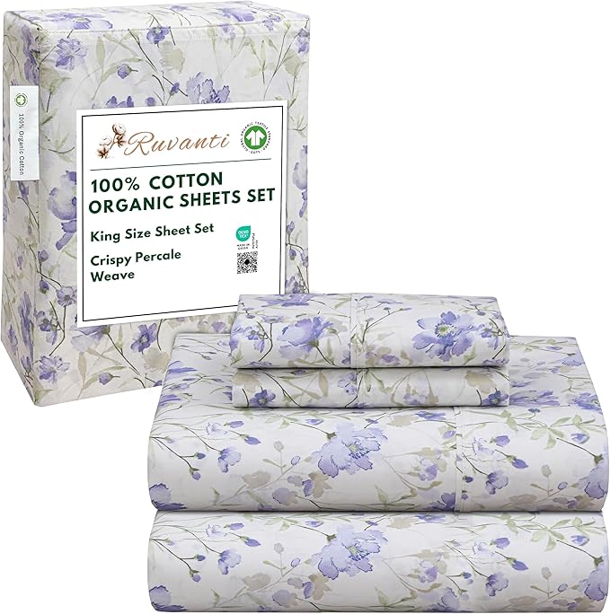 RUVANTI 100% Cotton Organic Percale Sheets King Size – Crisp Cooling Bed Sheets for Hot Sleepers, Deep Pocket 15”, Soft Peach Finish, Breathable & Durable Hotel-Style 4 Pcs, Heather