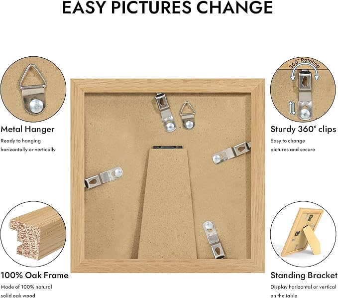 Hongkee 5x5 Oak Wood Picture Frame 1 Pack(Matted 4x4) with Real Glass Cover | Natural, 5 x 5 Solid Wood Frame for Wall or Tabletop Display - Includes Easel Back, Vertical Hang - Ideal for Home, Office