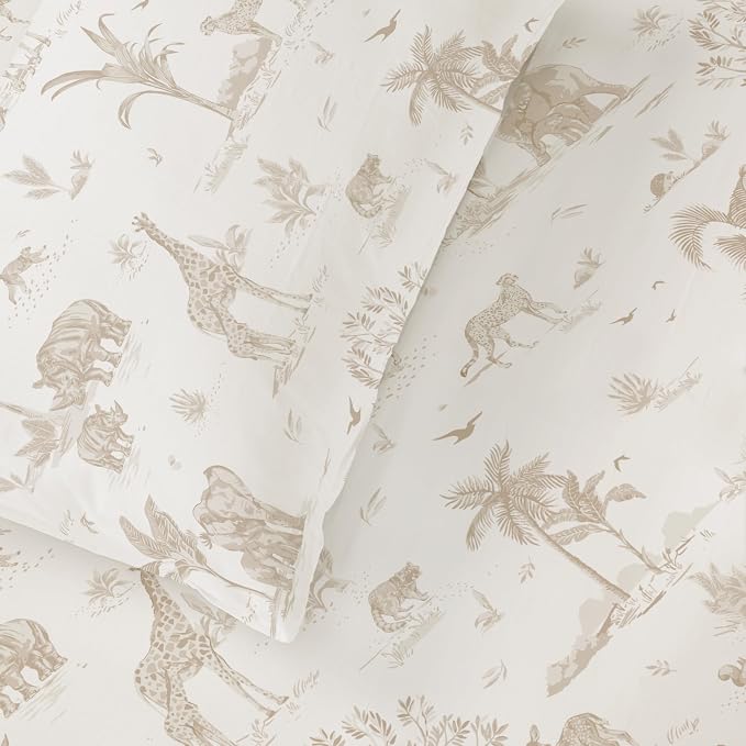 MakeMake Organics Organic Queen Fitted Sheet Set GOTS Certified Organic Cotton Fitted Sheet with Pillowcase Ultra Soft Non Toxic Breathable Hypoallergenic Animals Theme Room (Queen, Safari)