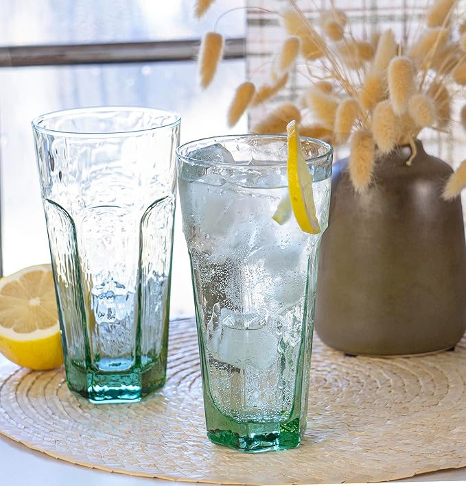 Red Co. Set of 4 Textured 17 Fl Oz Recycled Glass Beverage Drinking Tumblers, Green-Tinted