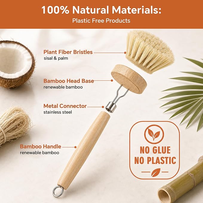 DEBETOOL Bamboo Dish Brush with Handle & 4 Replacement Heads - Natural Wooden Dish Scrubber with Sisal and Palm Fiber, Plastic Free Bamboo Brush for Dishes, Pots, Pans